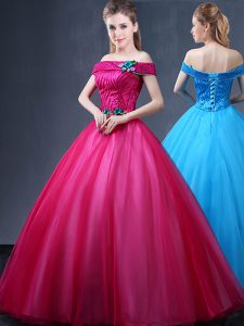 Dynamic Fuchsia Lace Up Off The Shoulder Beading and Appliques Quinceanera Gowns Tulle Sleeveless