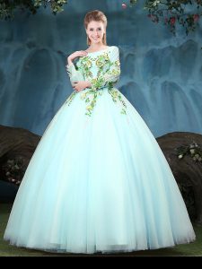 Scoop Aqua Blue Tulle Lace Up Quinceanera Gowns Long Sleeves Floor Length Appliques