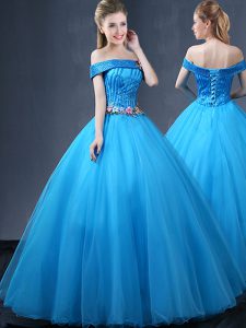 Ideal Baby Blue Off The Shoulder Lace Up Beading and Appliques Sweet 16 Quinceanera Dress Sleeveless