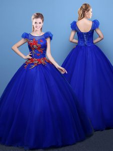 Dynamic Scoop Short Sleeves Floor Length Appliques Lace Up Quinceanera Gowns with Royal Blue