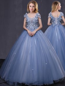 Fine Scoop Short Sleeves Lace Up Floor Length Appliques Quinceanera Gown