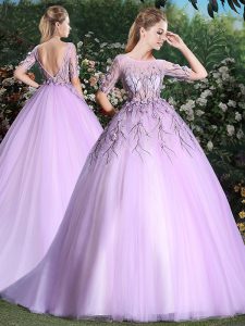 Sophisticated Brush Train Ball Gowns 15 Quinceanera Dress Lilac Scoop Tulle Short Sleeves With Train Backless