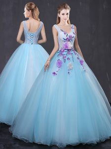 Extravagant Sleeveless Tulle Floor Length Lace Up Sweet 16 Dresses in Light Blue with Lace and Appliques
