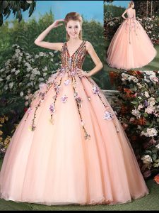 Amazing Tulle Sleeveless With Train Quinceanera Dress Brush Train and Appliques