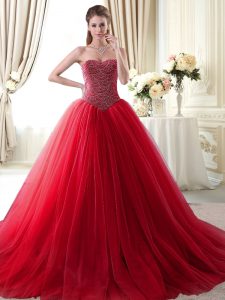 Sleeveless Brush Train Beading Lace Up Quinceanera Gowns