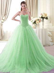 Apple Green Sleeveless With Train Beading Lace Up Quinceanera Dresses