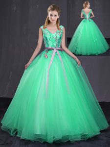 High Quality Turquoise V-neck Neckline Appliques and Belt Quince Ball Gowns Sleeveless Lace Up