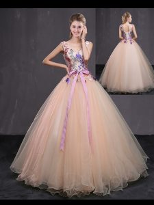 Wonderful V-neck Sleeveless Sweet 16 Dresses Floor Length Appliques and Belt Peach Tulle