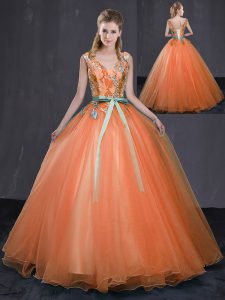 Floor Length Orange Quince Ball Gowns V-neck Sleeveless Lace Up