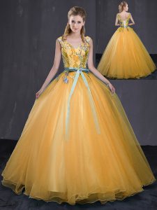 Best Selling Gold Lace Up V-neck Appliques and Belt Quinceanera Gown Tulle Sleeveless