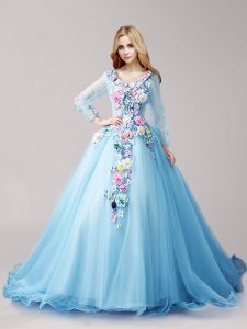 Superior Baby Blue Lace Up V-neck Hand Made Flower Quinceanera Gown Tulle Long Sleeves Brush Train