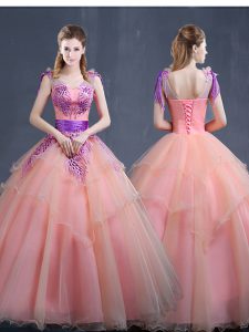 Watermelon Red Organza Lace Up Sweet 16 Quinceanera Dress Sleeveless Floor Length Appliques