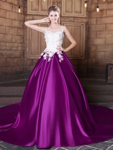 Scoop Lace and Appliques Sweet 16 Dresses Eggplant Purple Lace Up Sleeveless With Train Court Train