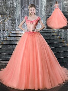 Romantic Brush Train Ball Gowns Vestidos de Quinceanera Peach Straps Tulle Sleeveless With Train Lace Up