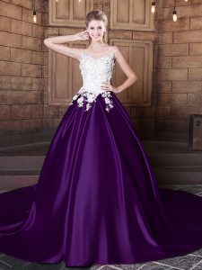 Scoop Sleeveless Elastic Woven Satin 15 Quinceanera Dress Lace and Appliques Court Train Lace Up