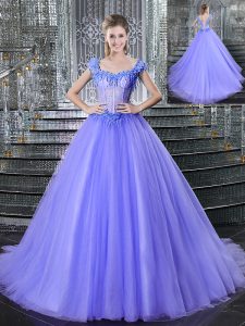 Colorful Straps Sleeveless Brush Train Lace Up 15th Birthday Dress Lavender Tulle