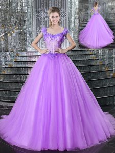 Trendy Lilac Lace Up Straps Beading and Appliques Quince Ball Gowns Tulle Sleeveless Brush Train