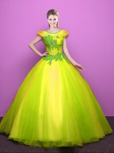 Floor Length Yellow Green Quinceanera Gown Scoop Short Sleeves Lace Up