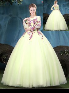 Discount Scoop Yellow Green Long Sleeves Tulle Lace Up Quinceanera Gowns for Military Ball and Sweet 16 and Quinceanera