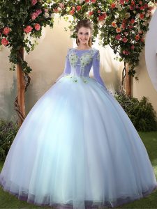 Gorgeous Big Puffy Floor Length Light Blue Quince Ball Gowns Tulle Long Sleeves Appliques