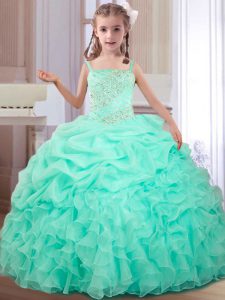 Low Price Straps Sleeveless Organza Floor Length Lace Up Little Girls Pageant Gowns in Apple Green with Beading and Ruffles and Pick Ups