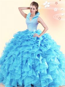 Custom Fit Sleeveless Organza Floor Length Backless Sweet 16 Quinceanera Dress in Aqua Blue with Beading and Ruffles