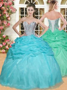 Aqua Blue Lace Up Sweetheart Beading and Pick Ups Quinceanera Gown Organza Sleeveless