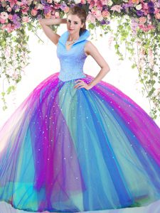 Multi-color Ball Gowns Tulle High-neck Sleeveless Beading Floor Length Backless 15th Birthday Dress