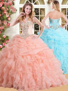 Deluxe Pick Ups Floor Length Ball Gowns Sleeveless Peach Sweet 16 Quinceanera Dress Lace Up