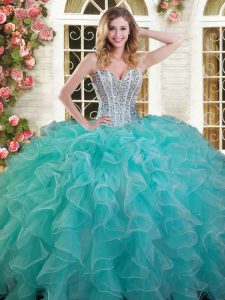 Aqua Blue Ball Gowns Sweetheart Sleeveless Organza Floor Length Lace Up Beading and Ruffles Quinceanera Dresses