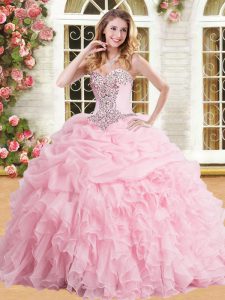 Sumptuous Baby Pink Sleeveless Appliques and Ruffles and Pick Ups Floor Length Quince Ball Gowns