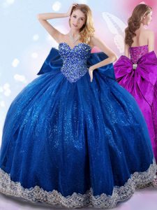 New Style Royal Blue Ball Gowns Beading and Lace and Bowknot Quinceanera Dresses Lace Up Taffeta Sleeveless Floor Length