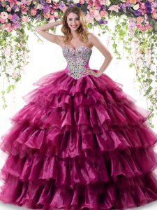 Fuchsia Organza Lace Up Sweetheart Sleeveless Floor Length Sweet 16 Quinceanera Dress Beading and Ruffled Layers