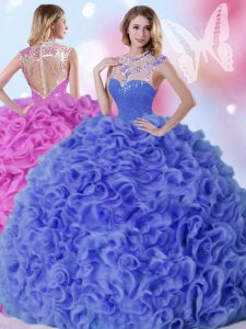 Flare Blue Organza Zipper High-neck Sleeveless Floor Length 15th Birthday Dress Beading and Ruffles