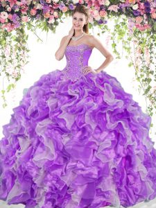 Stunning Ball Gowns Quinceanera Dresses White And Purple Sweetheart Organza Sleeveless Floor Length Lace Up