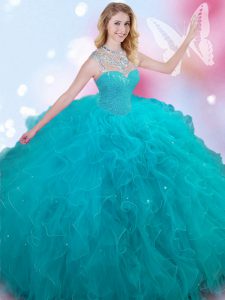 Artistic Sleeveless Floor Length Beading Lace Up Sweet 16 Quinceanera Dress with Teal