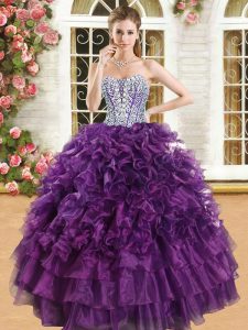 Ruffled Sweetheart Sleeveless Lace Up Quinceanera Gowns Purple Organza