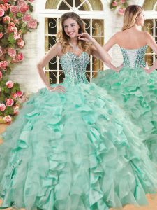 Colorful Floor Length Apple Green 15th Birthday Dress Organza and Taffeta Sleeveless Beading and Ruffles