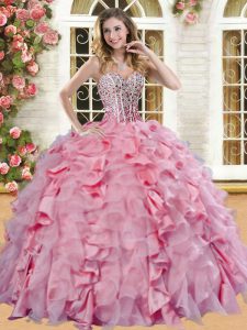 Spectacular Pink Lace Up Sweetheart Beading and Ruffles Sweet 16 Dress Organza and Taffeta Sleeveless