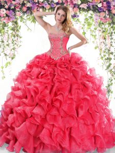 Red Ball Gowns Sweetheart Sleeveless Organza Sweep Train Lace Up Beading and Ruffles Quinceanera Gowns
