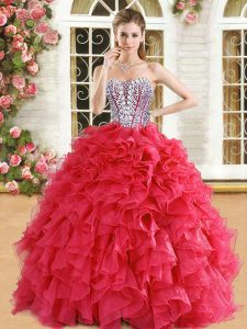 Red Sweetheart Lace Up Beading and Ruffles Quinceanera Gown Sleeveless