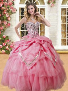 Colorful Watermelon Red Organza Lace Up Vestidos de Quinceanera Sleeveless Floor Length Beading and Pick Ups