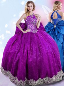Chic Halter Top Sleeveless Taffeta Floor Length Lace Up Sweet 16 Dresses in Eggplant Purple with Beading and Bowknot