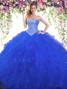 Modest Floor Length Royal Blue Sweet 16 Quinceanera Dress Sweetheart Sleeveless Lace Up