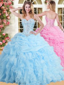 Baby Blue Sleeveless Beading and Appliques and Ruffles and Pick Ups Floor Length Quince Ball Gowns