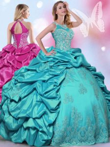 Top Selling Teal Taffeta Lace Up Halter Top Sleeveless Floor Length Quince Ball Gowns Beading and Lace and Appliques and Pick Ups