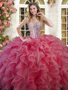Extravagant Coral Red Sweetheart Neckline Beading and Ruffles Quinceanera Gown Sleeveless Lace Up