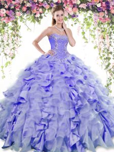 Latest Lavender Ball Gowns Beading and Ruffles Quinceanera Gowns Lace Up Organza and Taffeta Sleeveless Floor Length