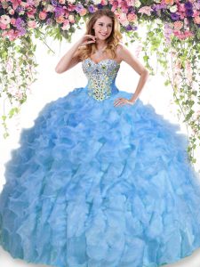 Captivating Baby Blue Ball Gowns Beading and Ruffles Quinceanera Dresses Lace Up Organza Sleeveless Floor Length
