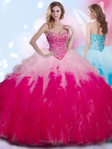 Sleeveless Tulle Floor Length Lace Up Quinceanera Gown in Multi-color with Beading and Ruffles